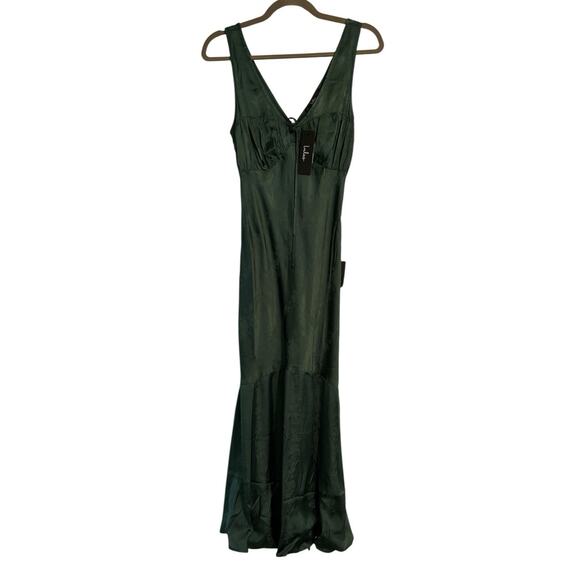 NWT Lulus Green Satin Jacquard Maxi Dress Small V Neck Tie Front Mermaid Hem - Picture 3 of 8
